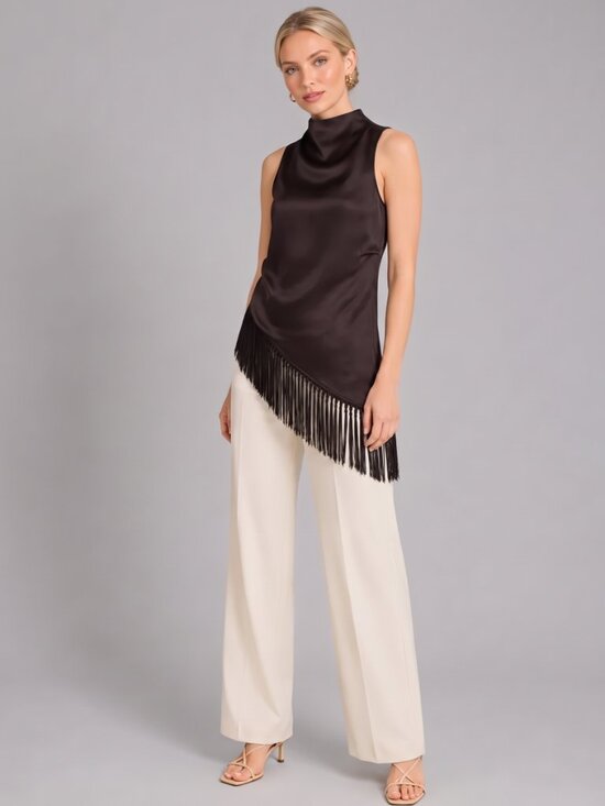 Tops - Women's Chocolate Satin Mock Neck Blouse Sleeveless Fringe Asymmetrical Silk Top